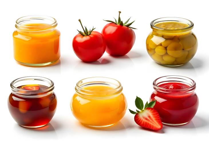 Colorful Selection of Jams and Compotes in Glass Jars Isolated on White